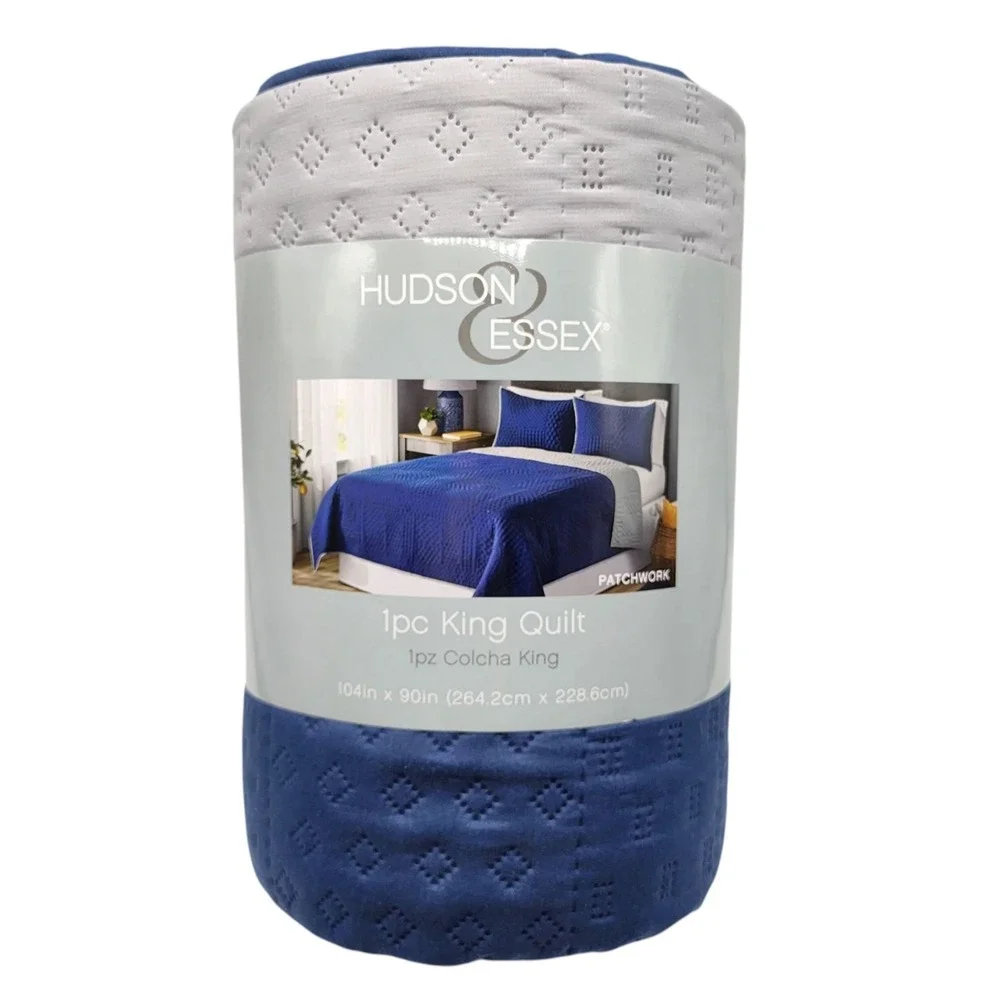 Hudson Essex 3pc Navy Gray Reversible One King Size Quilt And 2 Standard Shams